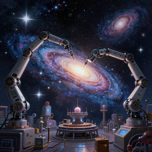 Digital artwork of a futuristic space lab with robotic arms framing a vibrant, spiral galaxy in a starry night sky.