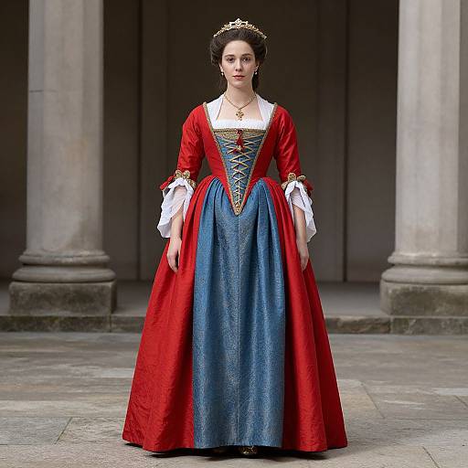 Photograph of a fair-skinned woman with dark hair in an elaborate Renaissance-style red and blue gown, standing in front of stone columns.