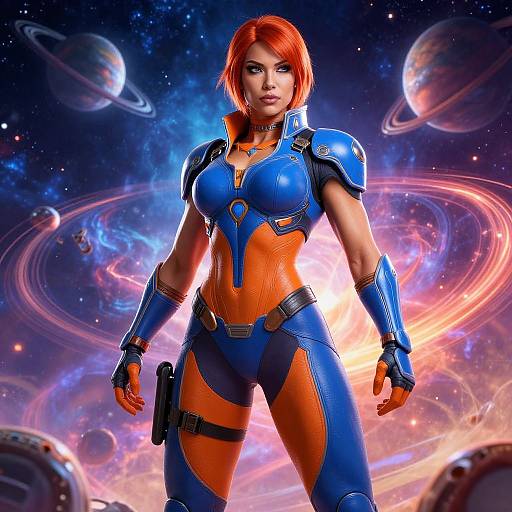 Digital art of a red-haired, muscular woman in a blue and orange spacesuit, standing confidently against a cosmic backdrop with planets and rings.