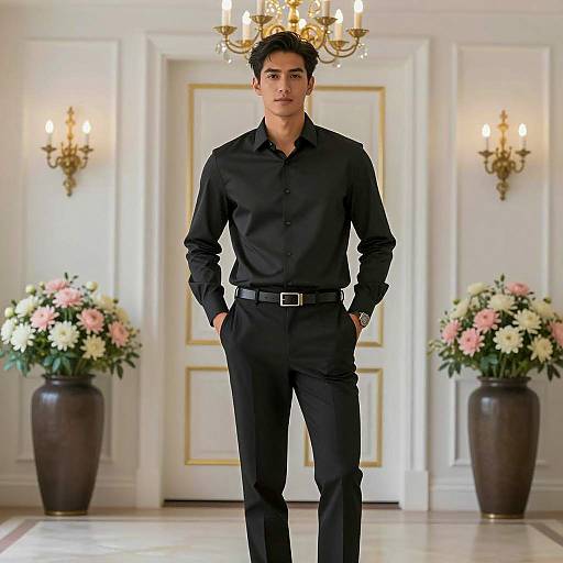 Man in Black Formal Attire in Elegant Room