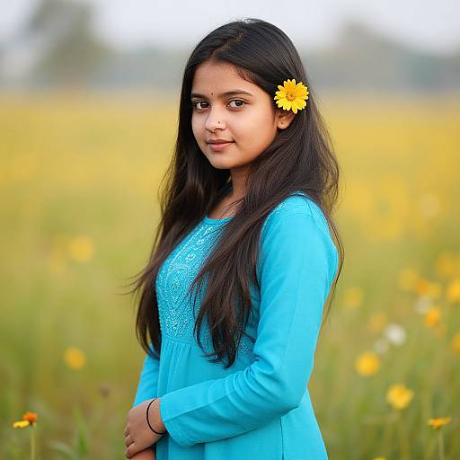 Photograph of a young Indian girl with long black hair, wearing a bright blue traditional dress, standing in a yellow flower field, with a yellow flower