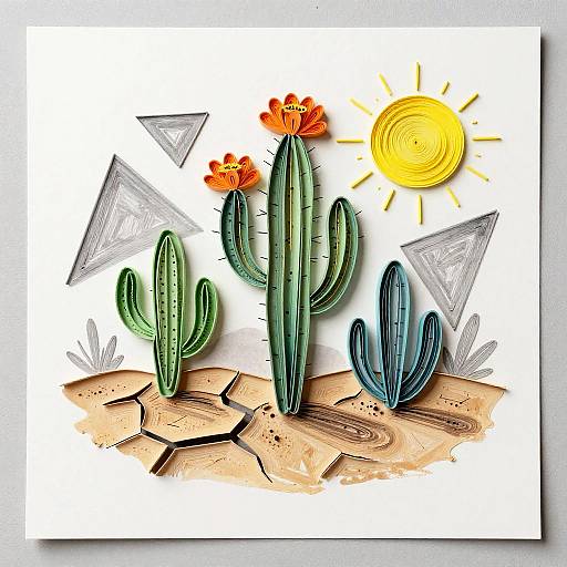 Digital drawing of colorful cacti with orange flowers, blue and green varieties, under a bright yellow sun and gray triangles.