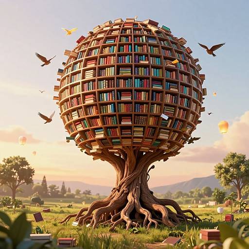 Digital artwork of a tree with a spherical, book-filled canopy, surrounded by flying birds, in a sunlit, grassy meadow.