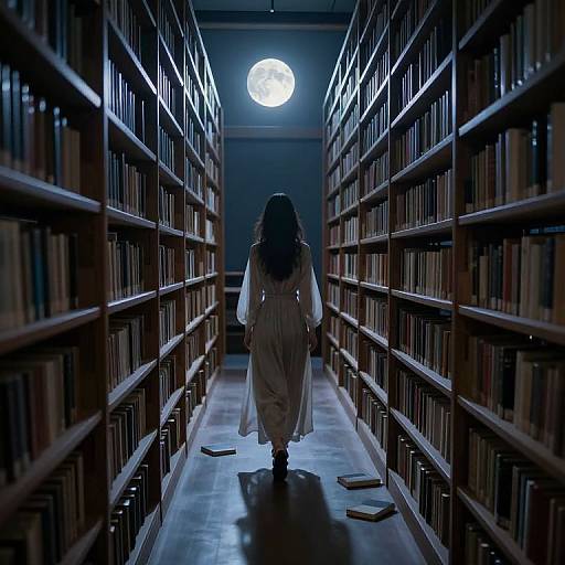 Photograph of a child in a white dress, with long hair, walking down a dimly lit library aisle, illuminated by a full moon outside.