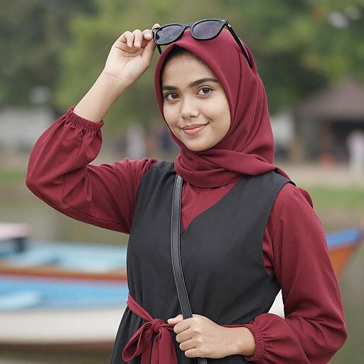 Young Woman in Red Hijab with Sunglasses