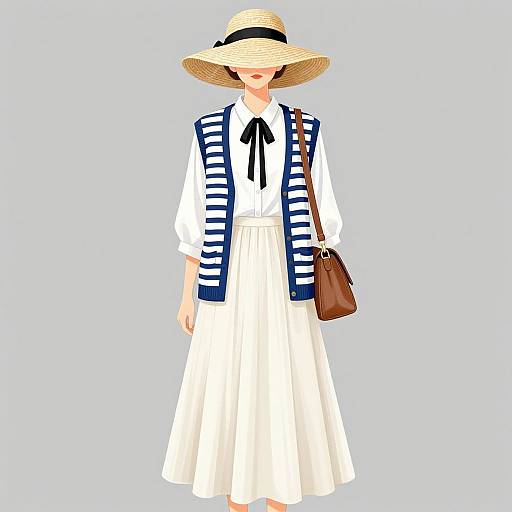 Digital illustration of a woman in a white dress, blue-striped vest, wide-brimmed straw hat, and brown shoulder bag, against a light blue