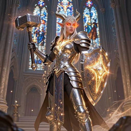 Digital artwork of a fierce, glowing-eyed, horned warrior woman in silver armor holding a hammer and radiant shield in a Gothic cathedral.