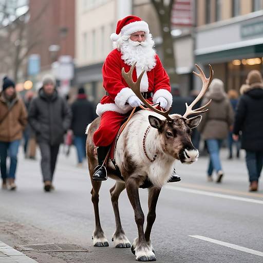 Santa Riding Reindeer in City