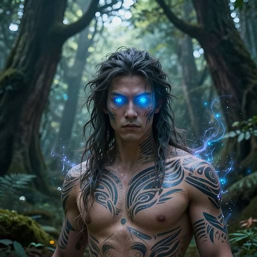 Photorealistic digital artwork of a shirtless, tattooed man with glowing blue eyes and wet, long brown hair, standing in a mystical forest with
