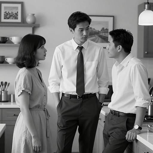 Dynamic Kitchen Scene in Black and White