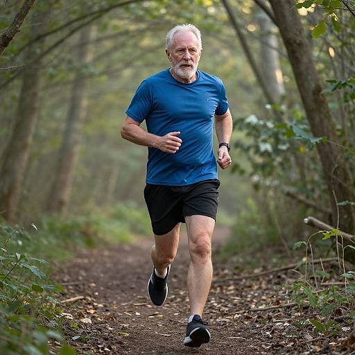 Photograph of an older white man with white hair and beard, wearing a blue shirt, black shorts, and black sneakers, jogging on a forest trail
