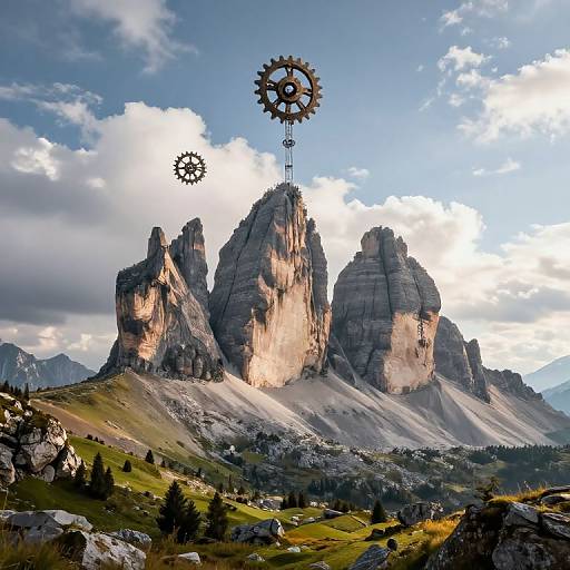 Majestic Mountain Peaks with Floating Gears