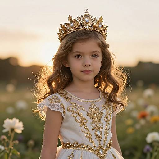 Photograph of a young girl with long brown hair, wearing a gold crown and white dress with intricate gold embroidery, standing in a sunlit flower field