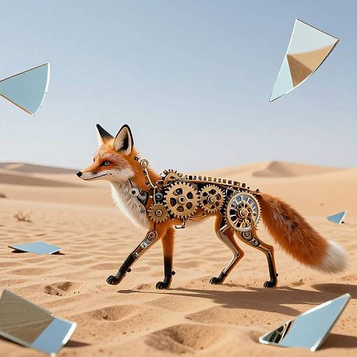 Digital artwork of a red fox with intricate gear patterns on its body, walking in a sandy desert with floating mirror shards. Bright blue sky in the background