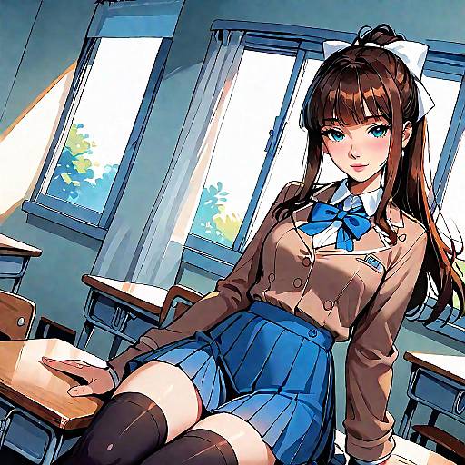 Digital anime-style drawing of a cute, blue-eyed girl with long brown hair, wearing a brown school uniform, blue bowtie, and blue skirt,