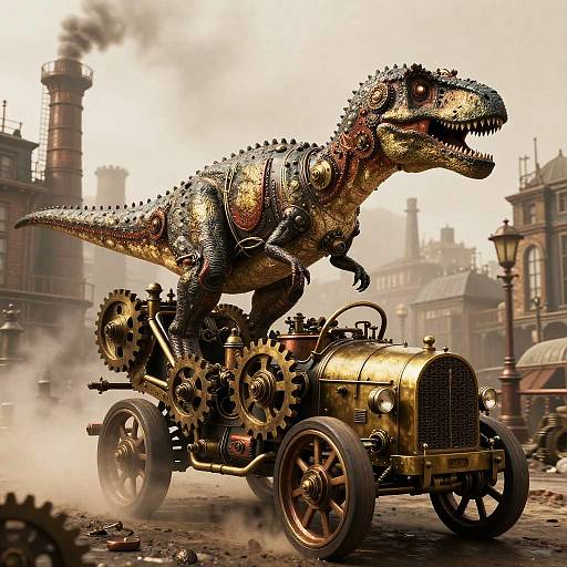 Photorealistic CGI: Steampunk dinosaur with metallic scales riding a vintage, gear-driven car through a dusty, industrial cityscape with smokestacks