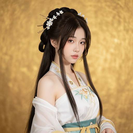 Digital artwork of an East Asian woman with long black hair, floral hairpin, and white traditional kimono with gold embroidery, against a golden textured background