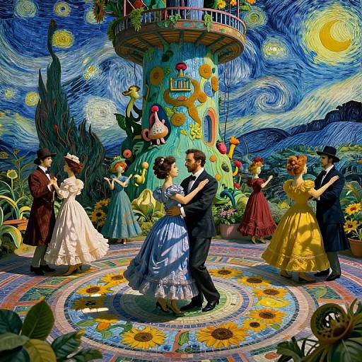 Vibrant digital art of Van Gogh-style dancers in colorful dresses and suits, waltzing around a floral-patterned tower under swirling blue sky