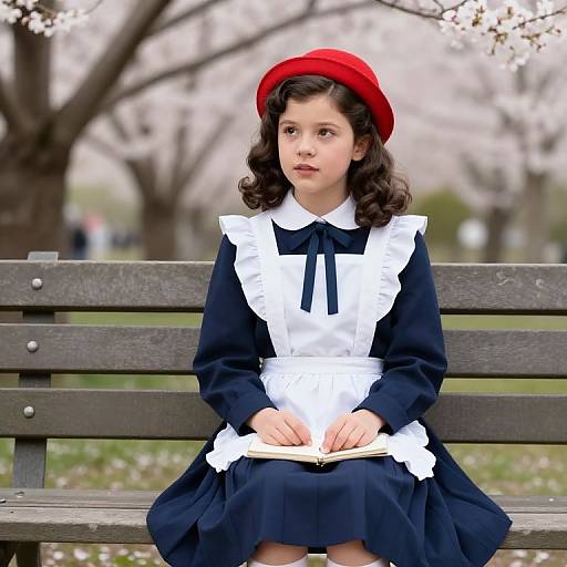 Photograph of a young girl with curly brown hair, wearing a navy dress with white apron, red beret, and black bow, sitting on