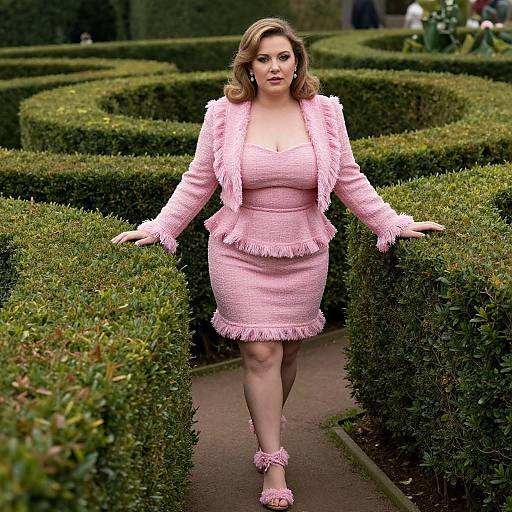 Photograph of a curvy woman with light brown hair, wearing a frilled pink suit, walking through a lush, manicured hedge maze.