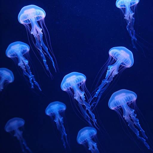 Photograph of glowing blue jellyfish with translucent, flowing tentacles against a dark blue aquatic background, creating a mesmerizing underwater scene.