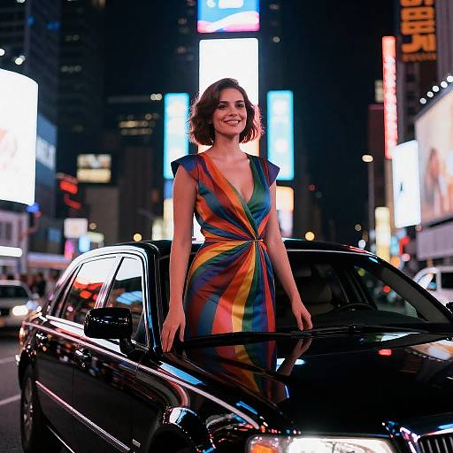 Vibrant Woman on Limousine at Night