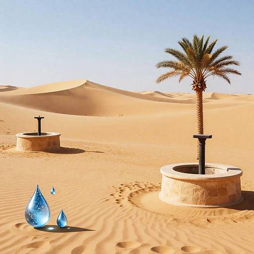 Desert Oasis with Wells and Water Droplets
