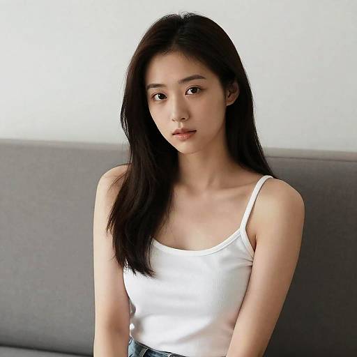 Photograph of an East Asian woman with long black hair, wearing a white tank top, sitting on a gray couch against a plain white background.