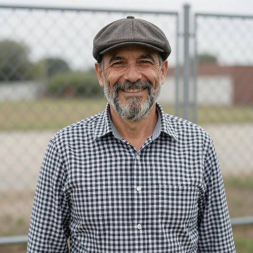 Smiling Bearded Man by Chain-link Fence