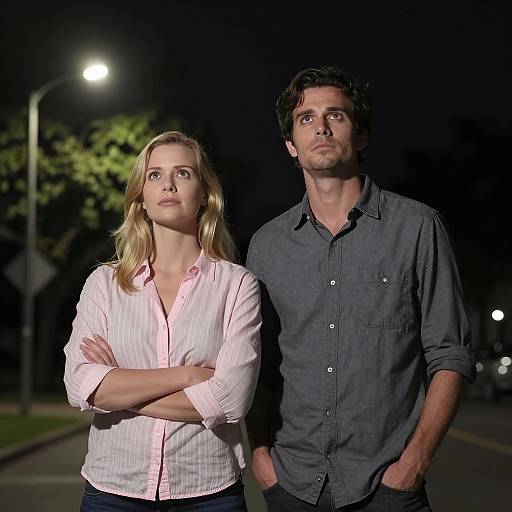 Two People Standing at Night Looking Upward