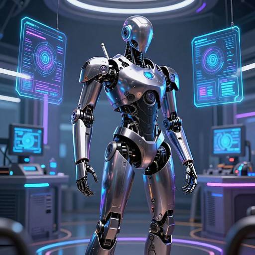 CGI image of a futuristic, silver humanoid robot with glowing blue interfaces hanging on both sides in a high-tech lab.