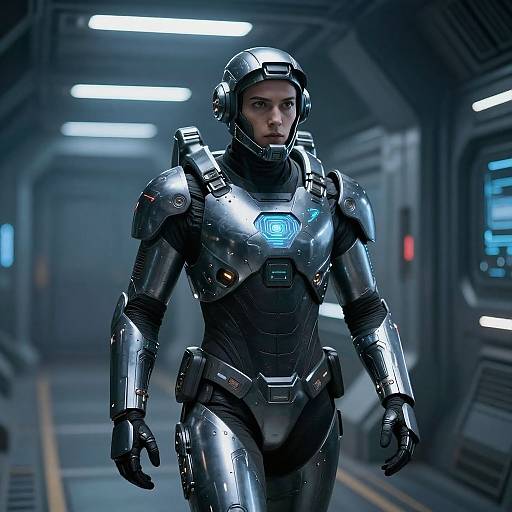 CGI image of a serious-looking woman in a sleek, black futuristic armor with blue glowing chest emblem, walking down a dimly lit, metallic corridor