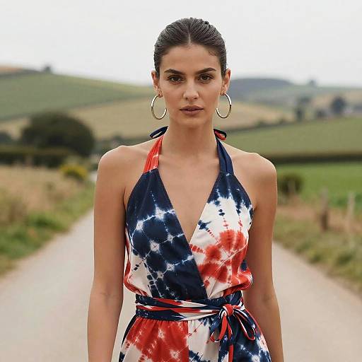 Photograph of a serious-looking woman with dark hair in a bun, wearing a sleeveless, deep V-neck, star-spangled halter dress,