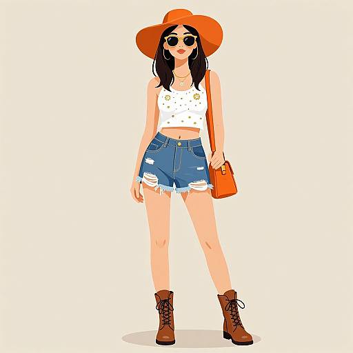 Digital illustration of a stylish woman in a white polka dot crop top, blue distressed denim shorts, brown boots, orange hat, and bag, with