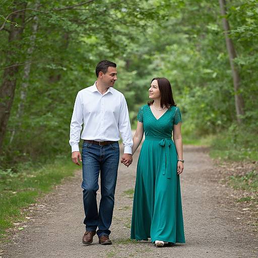 Photograph of a couple walking hand-in-hand on a forest path. Man in white shirt and jeans, woman in green dress, both smiling. L