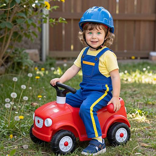 Joyful Child on Red Toy Truck