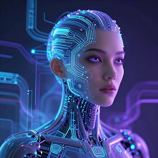 Digital CGI of a cybernetic woman with glowing blue circuit patterns on her head and neck, set against a dark, neon-lit background. Her