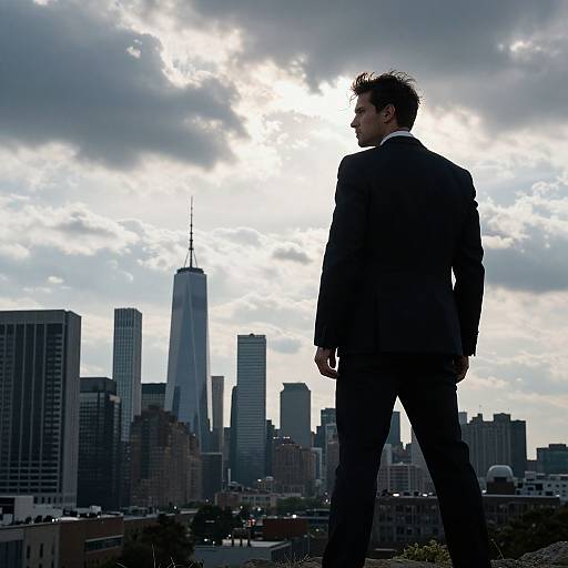 Photograph of a man in a black suit standing on a rooftop, facing a bright, cloudy sky with New York City's skyline, including the One