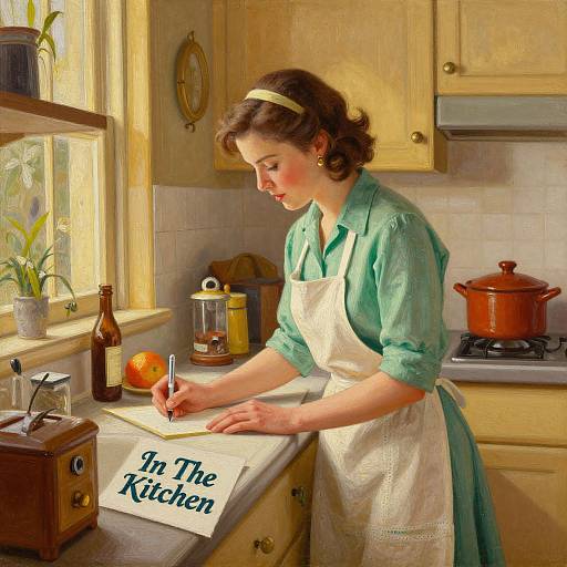 Vintage-style digital painting of a brunette woman in a green dress and white apron writing 