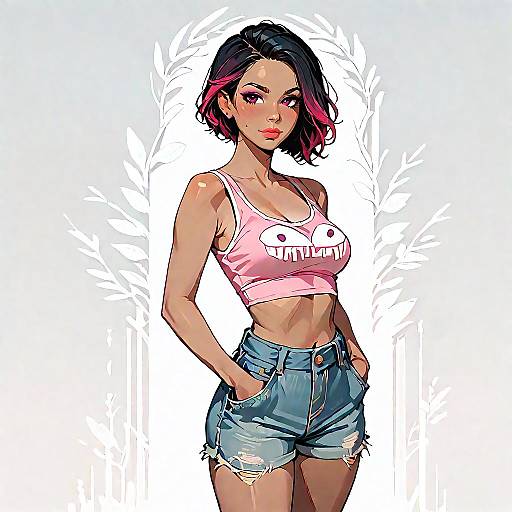 Stylish Woman in Pink Crop Top and Denim Shorts