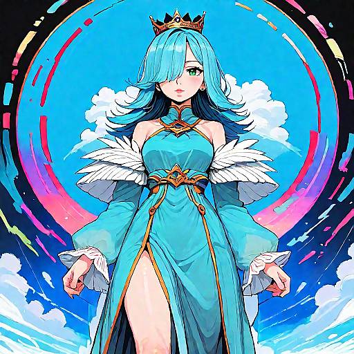 Anime-style digital drawing of a blue-haired queen with a crown, wearing a revealing blue dress with white fur trim, against a vibrant, circular, cosmic