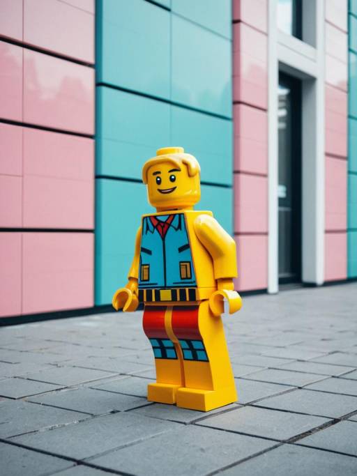 Lego Figure Cosplay in Pastel Urban Setting