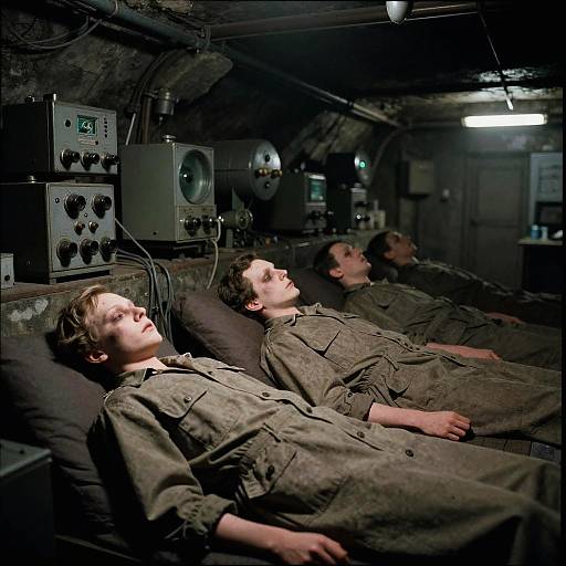 Photograph of three young men in military uniforms, lying in a dimly lit, futuristic room with control panels above, eyes closed, appearing asleep.