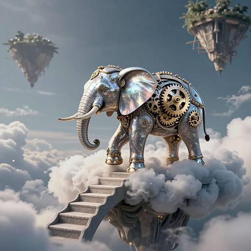 Photorealistic CGI of a metallic, steampunk elephant with gears and cogwheels standing on a staircase amidst fluffy clouds, with floating islands in