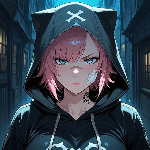 Anime Girl in Black Hoodie with Tattoos