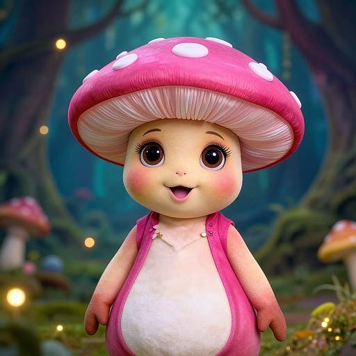 Digital illustration of a cute, chubby-faced baby with large brown eyes, wearing a pink and white mushroom hat, set in a mystical forest with glowing mushrooms