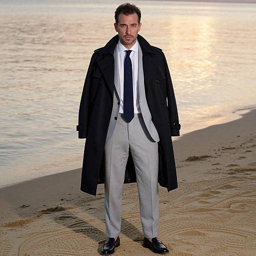 Photograph of a bearded man in a black overcoat, white shirt, gray pants, black tie, and black shoes standing on a sandy beach