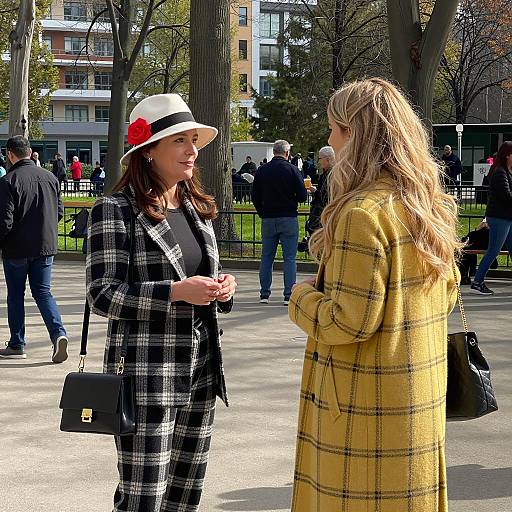 Two Women Chatting in Park on Sunny Day
