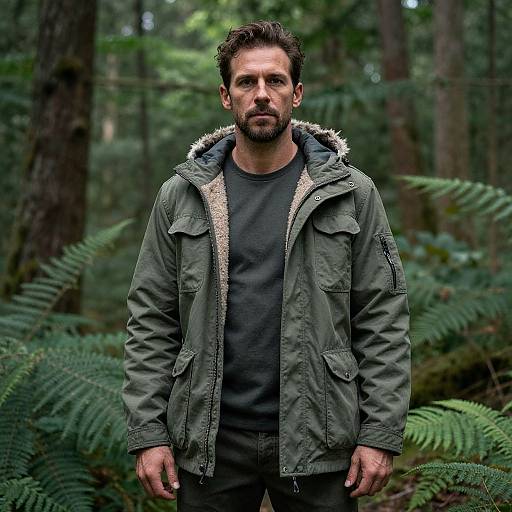 Photograph of a bearded man with short brown hair, wearing a green jacket with a fur-lined hood, standing in a dense forest with ferns