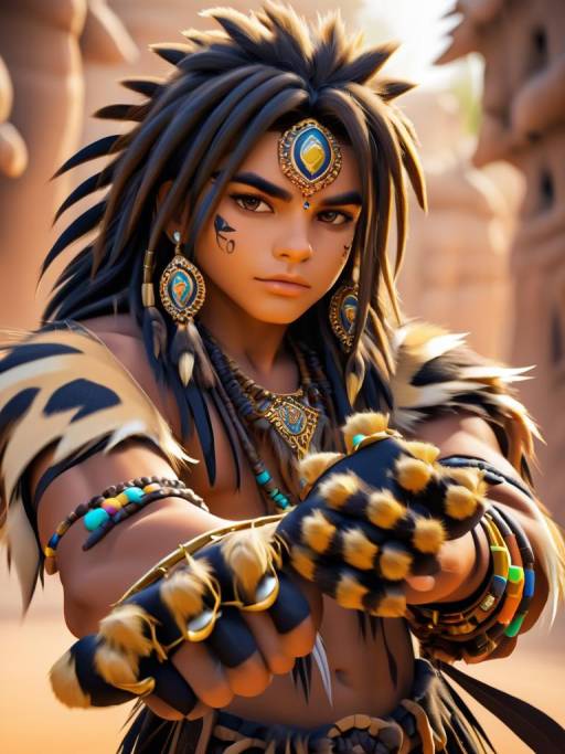Tribal Boy with Leopard Paws Gauntlet